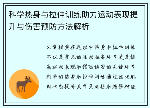 科学热身与拉伸训练助力运动表现提升与伤害预防方法解析